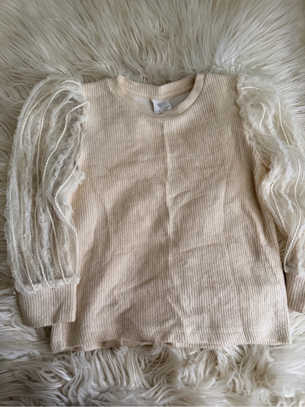 ZARA Girls' Cream Lace-Sleeve Knit Top